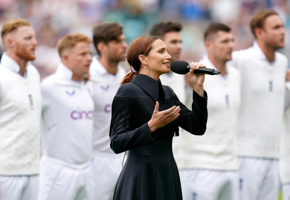 Laura Wright sings the national anthems on day three of the third LV= Insurance Test match at the Kia Oval, London. Picture date: Saturday September 10, 2022. (Photo by John Walton/PA Images via Getty Images)