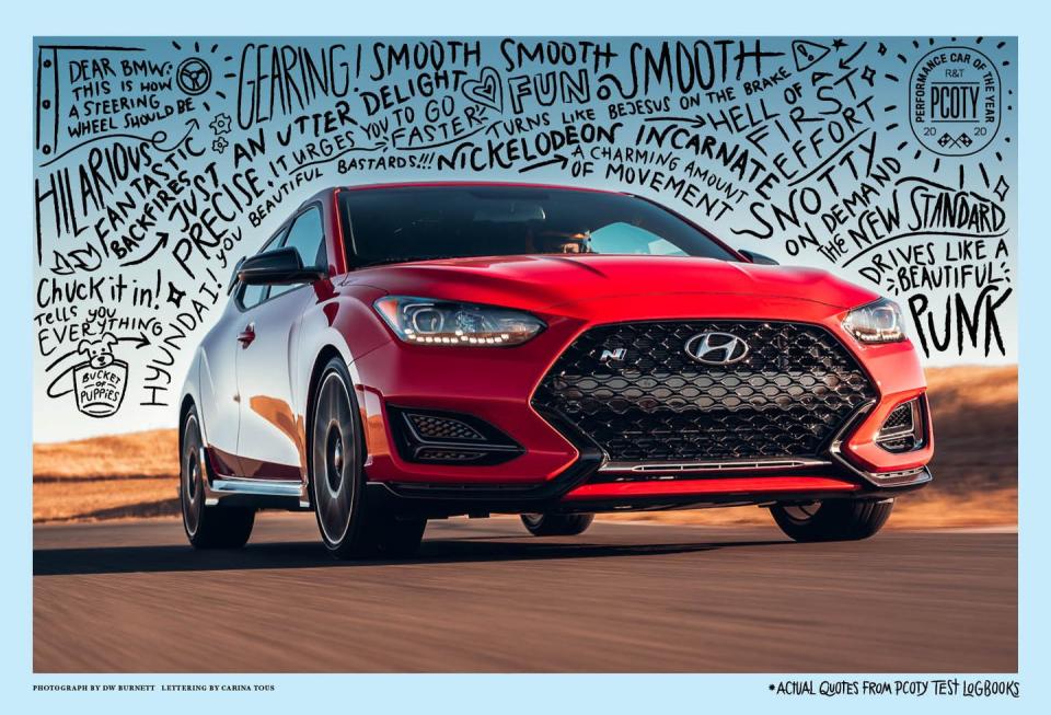 <p><a href="https://www.roadandtrack.com/new-cars/car-comparison-tests/a29640493/2020-performance-car-of-the-year/" rel="nofollow noopener" target="_blank" data-ylk="slk:Last year's PCOTY;elm:context_link;itc:0;sec:content-canvas" class="link ">Last year's PCOTY</a> was full of top-notch contenders. Lotus brought out its excellent <a href="https://www.roadandtrack.com/reviews/a34449612/2020-lotus-evora-gt-lives-up-to-the-hype/" rel="nofollow noopener" target="_blank" data-ylk="slk:Evora GT;elm:context_link;itc:0;sec:content-canvas" class="link ">Evora GT</a>, while Porsche showed up with <a href="https://www.roadandtrack.com/new-cars/a29565951/2020-porsche-911-carrera-s-video-review-track-matt-farah/" rel="nofollow noopener" target="_blank" data-ylk="slk:a new 911;elm:context_link;itc:0;sec:content-canvas" class="link ">a new 911</a>. Oh, and there was also <a href="https://www.roadandtrack.com/new-cars/first-drives/a29471987/2020-corvette-c8-first-drive-test/" rel="nofollow noopener" target="_blank" data-ylk="slk:a mid-engine Corvette;elm:context_link;itc:0;sec:content-canvas" class="link ">a mid-engine Corvette</a>. But somehow, <a href="https://www.roadandtrack.com/new-cars/a24851703/2019-hyundai-veloster-n-track-test-review/" rel="nofollow noopener" target="_blank" data-ylk="slk:the Veloster N;elm:context_link;itc:0;sec:content-canvas" class="link ">the Veloster N</a>, Hyundai's humble hot hatch, was able to steal our hearts. </p>