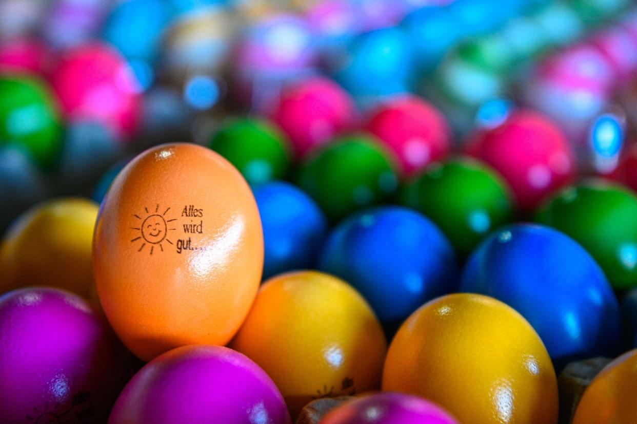 An Easter egg with a label that says "everything's gonna be okay..." seen at the Landwirt Baumeister egg farm on April 8, 2020 in Breckerfeld, Germany: Getty Images