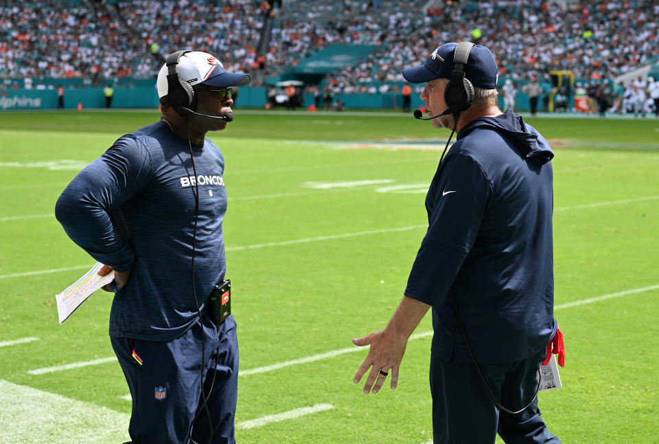 MIAMI GARDENS, FLORIDA - SEPTEMBER 24: Denver Broncos Defensive coordinator Vance Joseph, left, and  Head coach Sean Payton talks on the sidelines near the end of the game at Hard Rock Stadium on September 24, 2023 in Miami Gardens, Florida. The Miami Dolphins become 3-0 as they beat the now 0-3 Denver Broncos 70 to 20 during week 3 of the NFL season. (Photo by RJ Sangosti/MediaNews Group/The Denver Post via Getty Images)