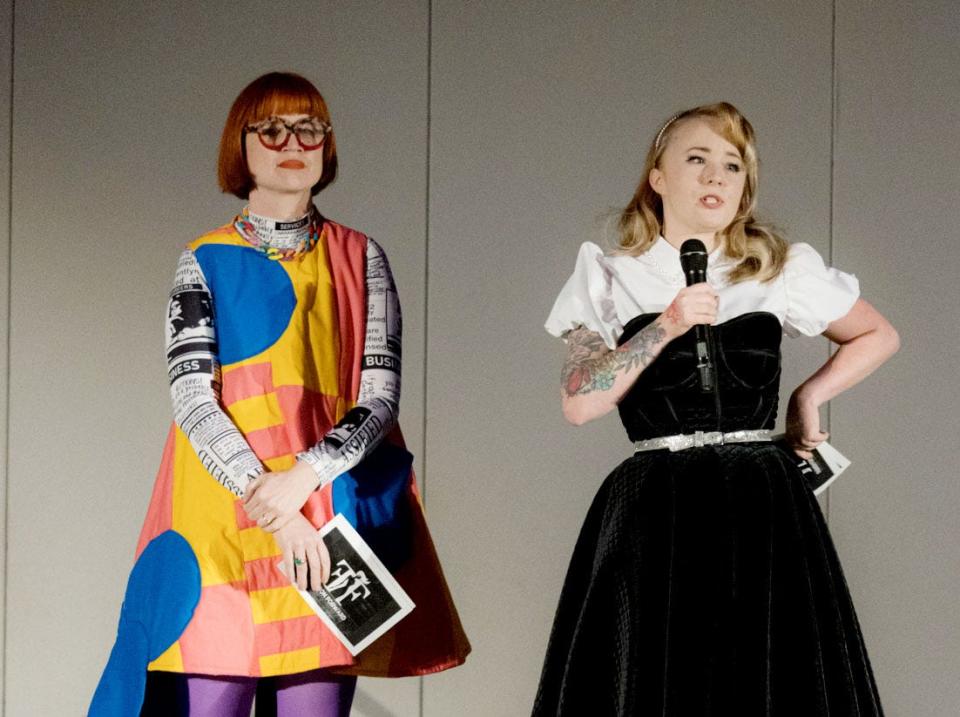 Caddo Career and Technology Center teachers Amy Lynn Treme, left, and Cookie DuBois, right, during the third annual Fashion Forward student fashion show competition at the 2024 ArtBreak.