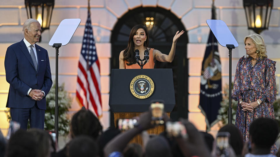 American actress, producer, and director Eva Jacqueline Longoria Baston speaks during the screening of "Flamin' Hot" movie at the White House in Washington D.C., United States on June 15, 2023.
