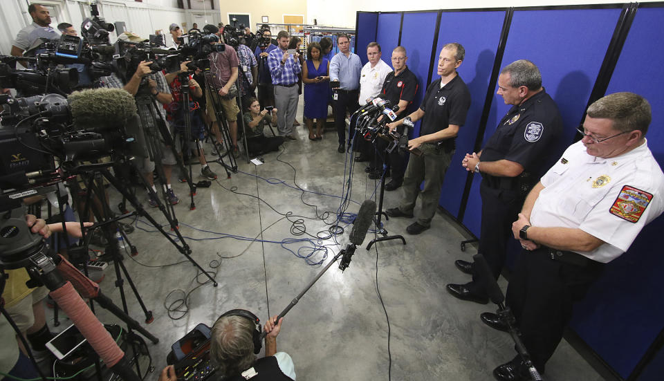 Jason Kaplan, with the F.B.I., answers question from the media during a press conference as the search for missing Maddox Ritch came to an end Thursday afternoon after his body was discovered in a creek near Rankin Lake Park where he disappeared last Saturday in Gastonia, N.C., Thursday, Sept. 27, 2018. Last Saturday, Maddox Ritch's father, Ian Ritch, said the boy ran off from him and a friend at the park and disappeared before he could catch up to him. (Mike Hensdill/The Gaston Gazette via AP)
