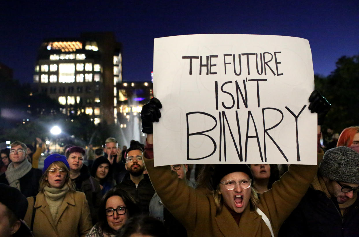 People rally on Oct. 21 in New York City, responding to news that the Trump administration is planning a policy to eliminate transgender recognition. (Photo: Yana Paskova/Getty Images)