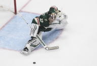 Minnesota Wild goalie Alex Stalock (32) makes a save against the Vancouver Canucks during second-period NHL hockey game action in Edmonton, Alberta, Thursday, Aug. 6, 2020. (Jason Franson/The Canadian Press via AP)