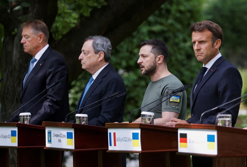 FILE PHOTO: French President Macron, German Chancellor Scholz, Italian PM Draghi and Romanian President Iohannis visit Kyiv