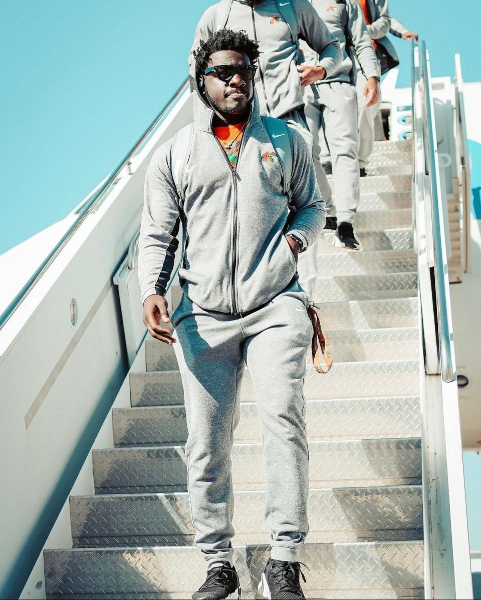 Florida A&M linebacker Nay'Ron Jenkins steps off the plane for a Rattlers football game.