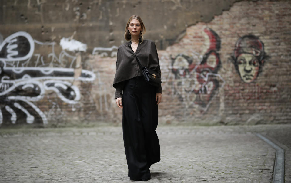 BERLIN, GERMANY - JANUARY 26: Sarah Brandner wearing Nobi Talai complete look, Zara heels, Celine box bag, Lilou Forever earring and Luilu chains on January 26, 2020 in Berlin, Germany. (Photo by Jeremy Moeller/Getty Images)