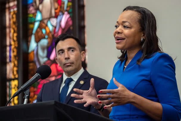 PHOTO: Assistant Atty. Gen. Kristen Clarke, right, and U.S. Atty. Martin Estrada announce a proposed settlement of the governments lending discrimination lawsuit against City National Bank, at a press conference held on Jan. 12, 2023 in Los Angeles. (Irfan Khan/Los Angeles Times via Getty Images)