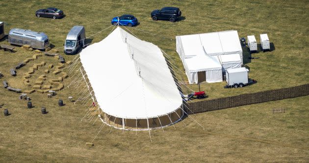 A marquee is erected on the grounds of Daylesford House, Gloucestershire, the location of a first wedding anniversary party being thrown by Boris Johnson and his wife Carrie for friends and family. (Photo: Steve Parsons via PA Wire/PA Images)