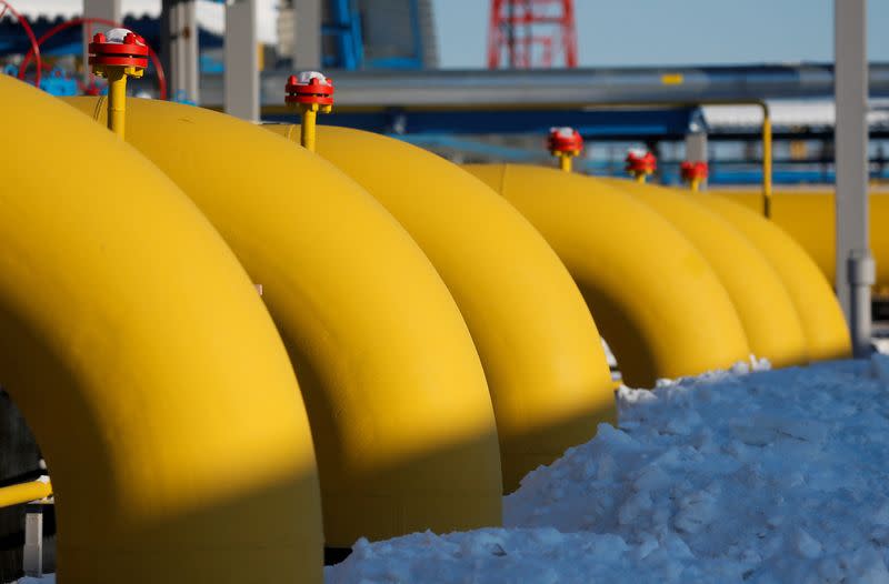 FILE PHOTO: Gas pipelines are pictured at the Atamanskaya compressor station, part of Gazprom's Power Of Siberia project outside the far eastern town of Svobodny