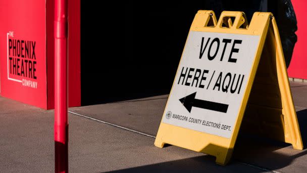 PHOTO: In this Aug. 2, 2022, file photo, a 'Vote Here' sign is shown outside a polling location at the Phoenix Art Museum in Phoenix, Arizona. (Bloomberg via Getty Images, FILE)