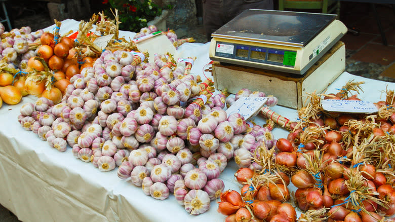 Garlic displayed at a farmers market