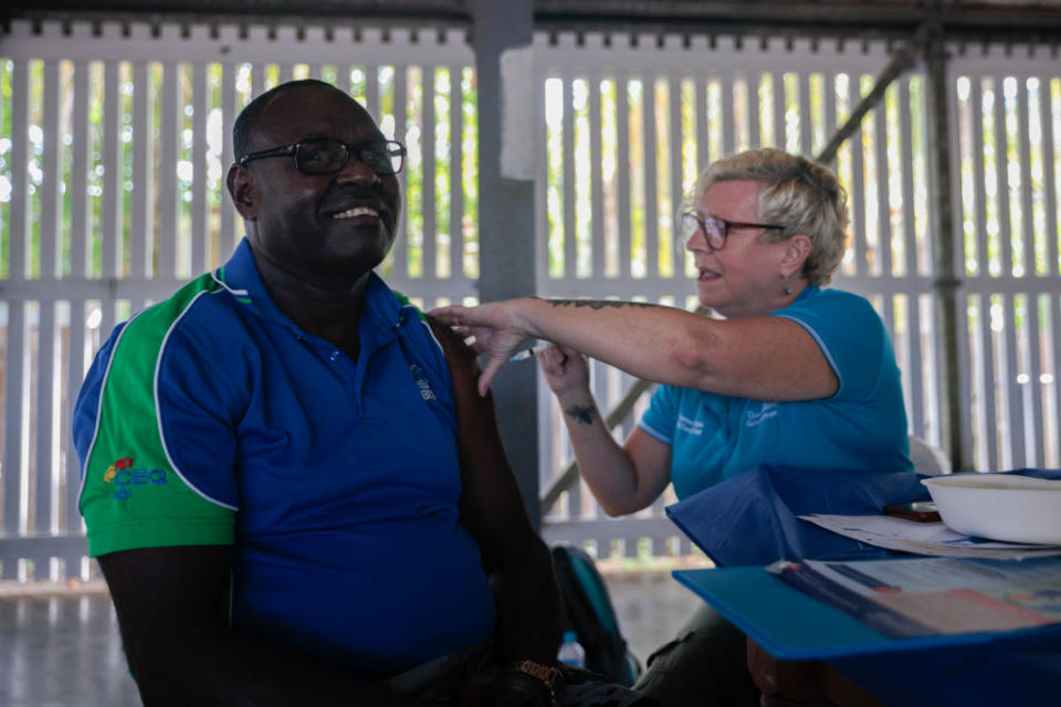 Reverend of the Boigu Anglican church Stanley Marama receives the AstraZeneca Covid-19 vaccine at the community centre at Boigu Island, Australia. 