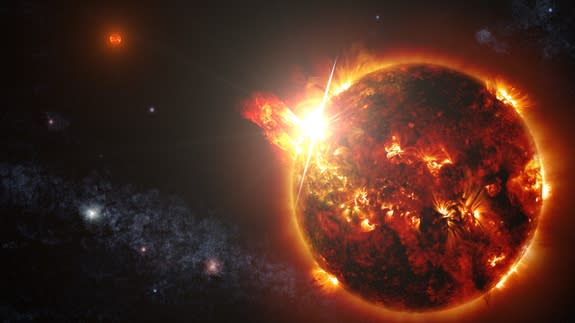 This depiction of a red dwarf shows a flare shooting out from the relatively small star.