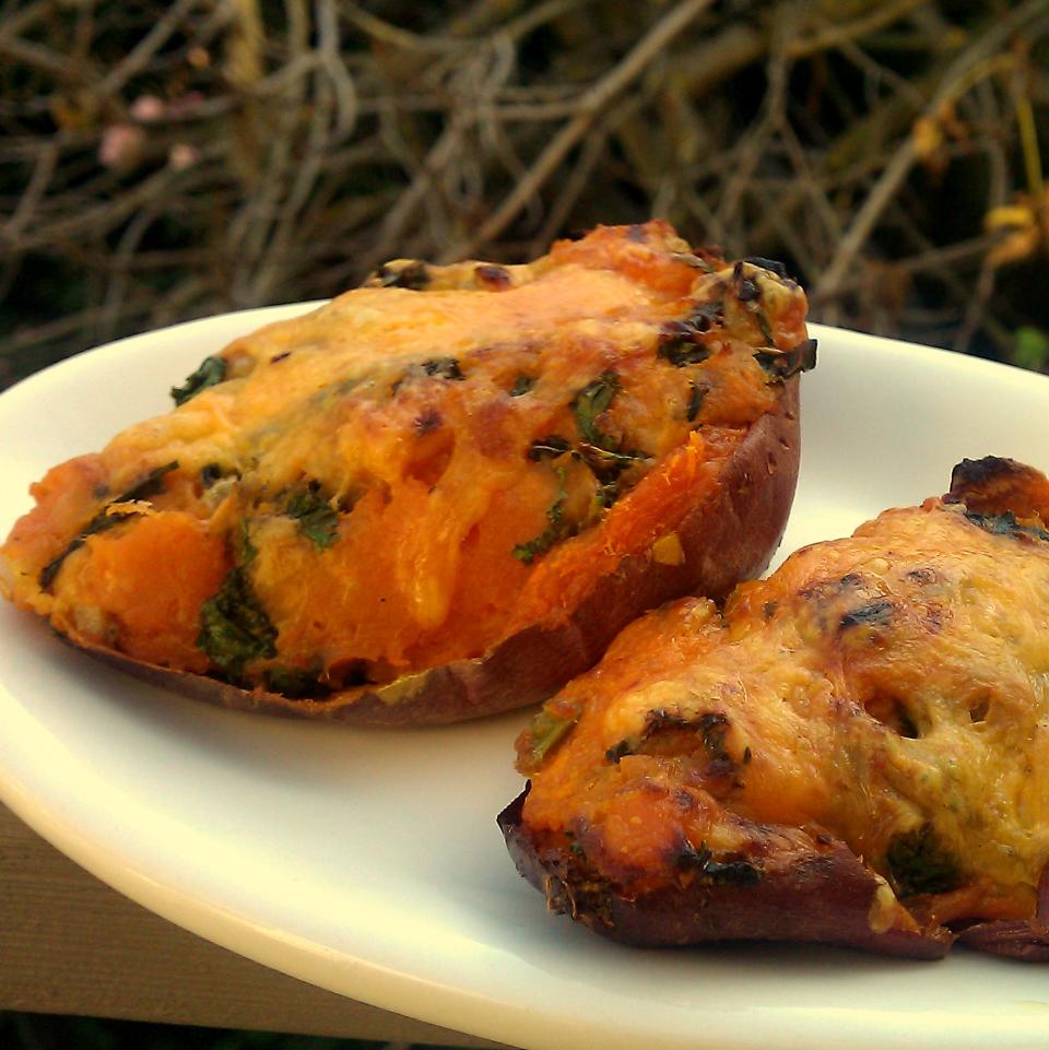 Twice-Baked Sweet Potatoes With Kale and Cheddar by Gabi Moskowitz