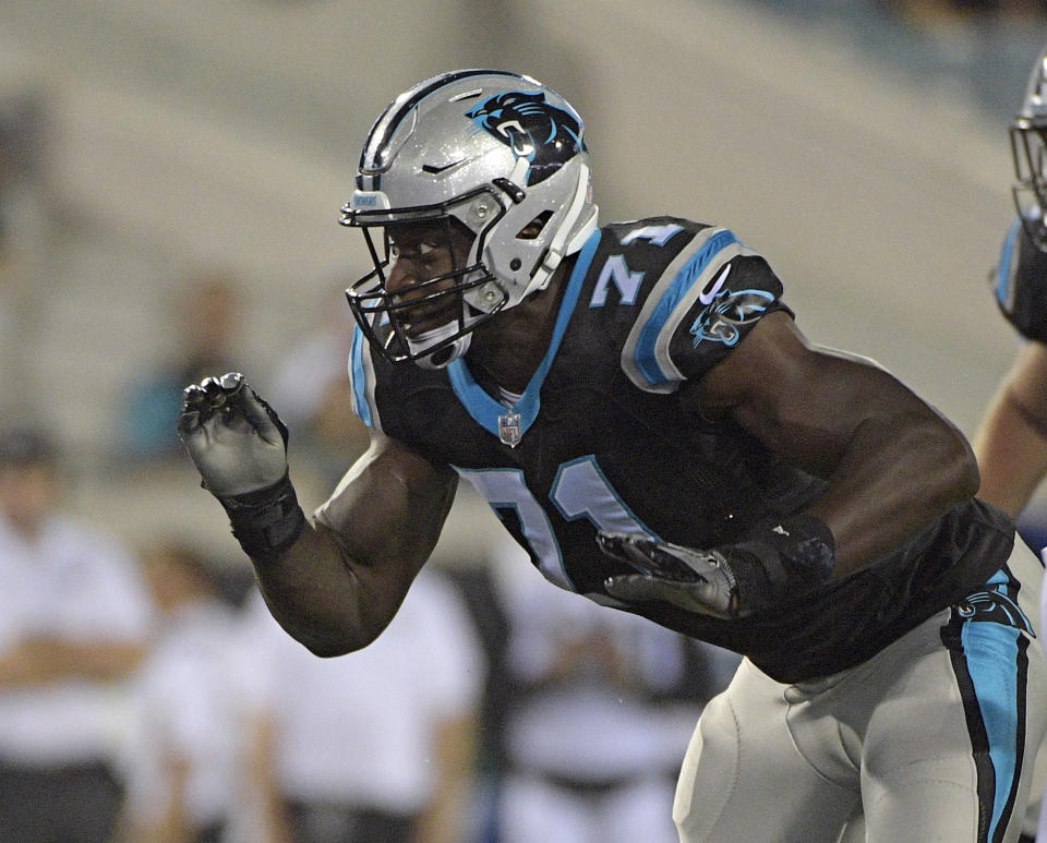 Carolina Panthers defensive end Efe Obada beat long odds to make the Panthers' 53-man roster. (AP)