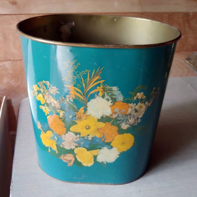 Vintage Mid-Century Embossed Metal Wastebasket