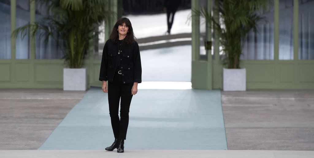 french fashion designer virginie viard acknowledges the audience the end of the 2020 chanel croisiere cruise fashion show at the grand palais in paris on may 3, 2019 photo by christophe archambault  afp photo by christophe archambaultafp via getty images