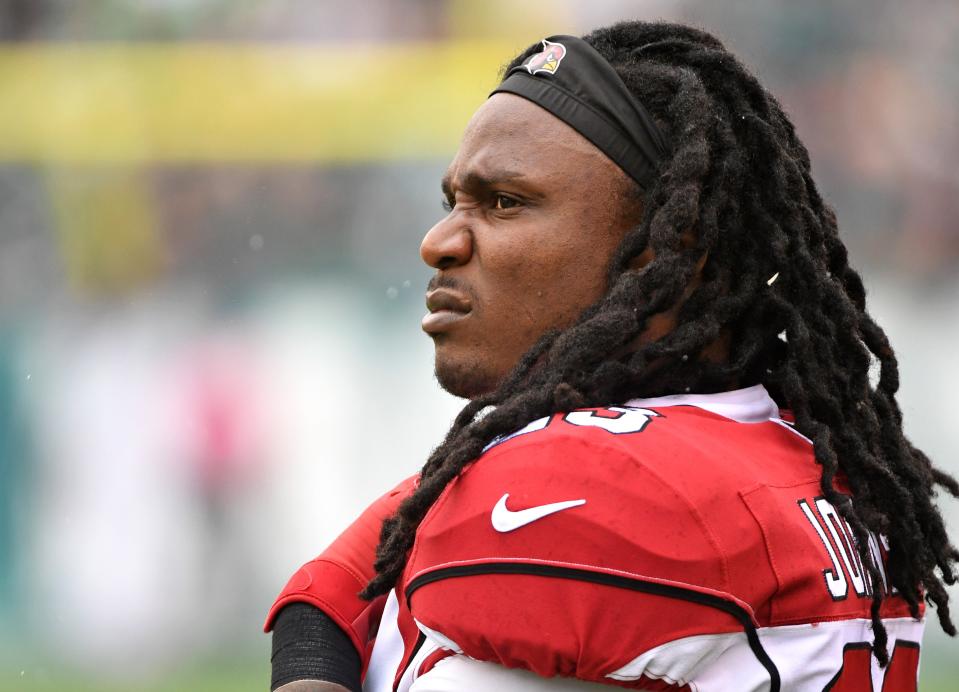 Arizona Cardinals RB Chris Johnson (23) stands on the sidelines against the Philadelphia Eagles at Lincoln Financial Field on Oct 8, 2017, in Philadelphia, PA.