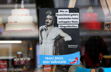 A poster of a fictional party called Travestie for Germany (TfD) as a parody of the anti-Immigrant Alternative for Germany (AfD) party is pictured in Berlin, Germany, August 24, 2017. REUTERS/Fabrizio Bensch
