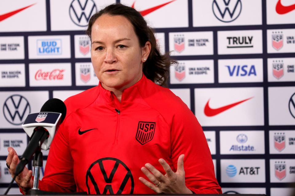 Interim head coach Twila Kilgore of the United States speaks to the media prior to a training session at DRV PNK Stadium on December 01, 2023 in Fort Lauderdale, Florida. (Photo by Megan Briggs/Getty Images)