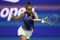 Leylah Fernandez, of Canada, returns a shot to Aryna Sabalenka,of Belarus, during the semifinals of the US Open tennis championships, Thursday, Sept. 9, 2021, in New York. (AP Photo/Seth Wenig)