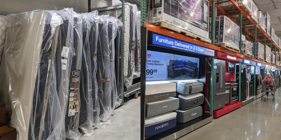 Mattresses wrapped in plastic and stacked vertically at BJ's and bedding samples in display at Costco