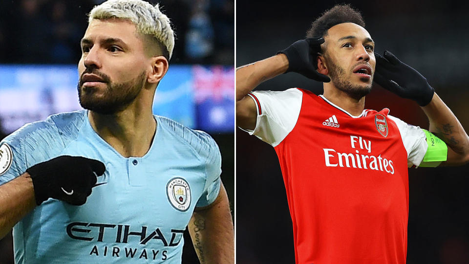 Kun Aguero (pictured left) pointing to his chest and Pierre-Emerick Aubameyang (pictured right) with his hands to his ears celebrating.