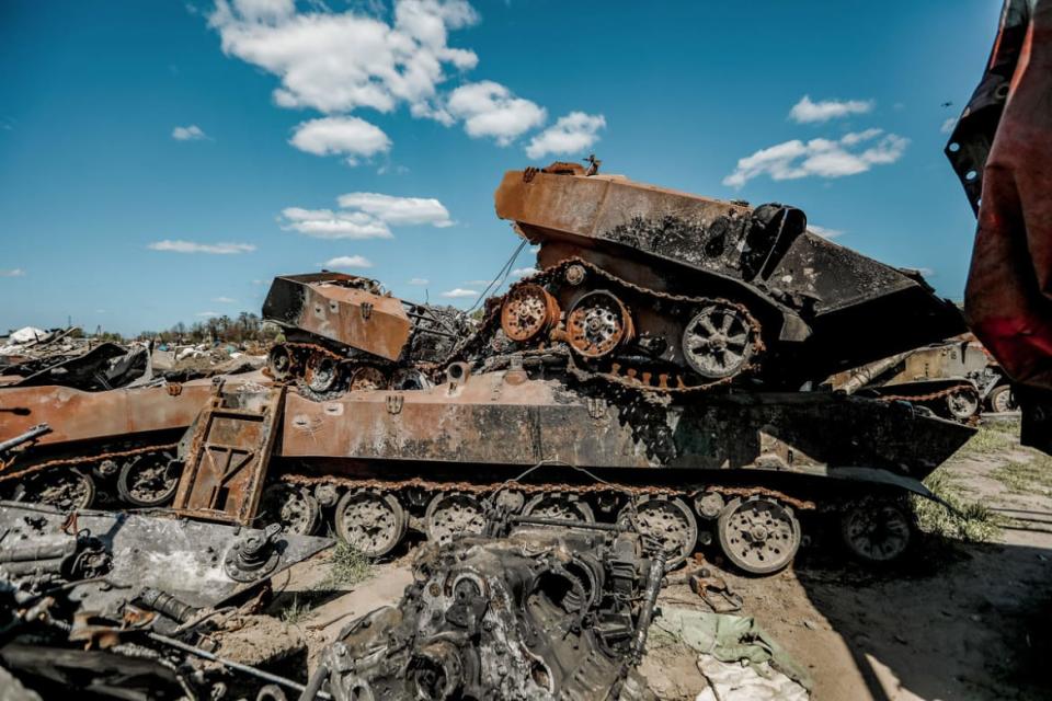 <div class="inline-image__caption"><p>Destroyed Russian military vehicles lie in a garbage dump in Bucha, on the outskirts of Kyiv, on May 10.</p></div> <div class="inline-image__credit">Aziz Karimov/SOPA Images/LightRocket via Getty</div>