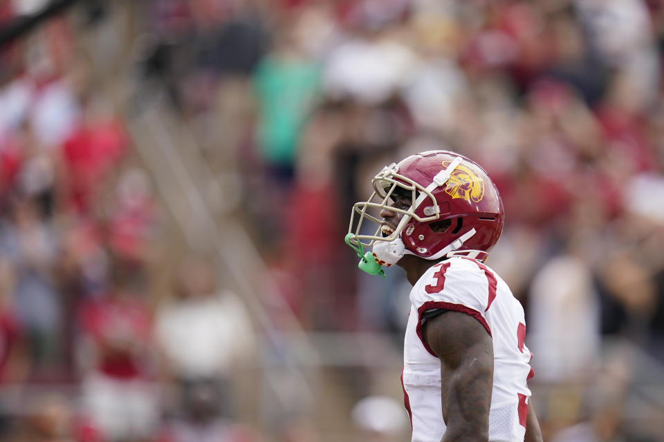 Southern California wide receiver Jordan Addison celebrates after his 22-yard touchdown reception against Stanford during the first half of an NCAA college football game in Stanford, Calif., Saturday, Sept. 10, 2022. (AP Photo/Godofredo A. Vásquez)