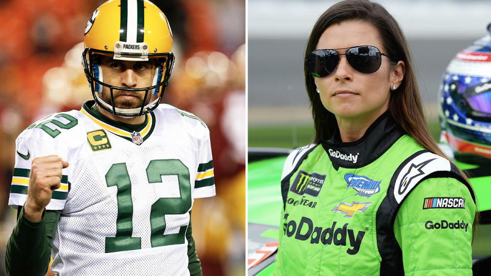 Aaron Rodgers and Danica Patrick, pictured here in the NFL and NASCAR.