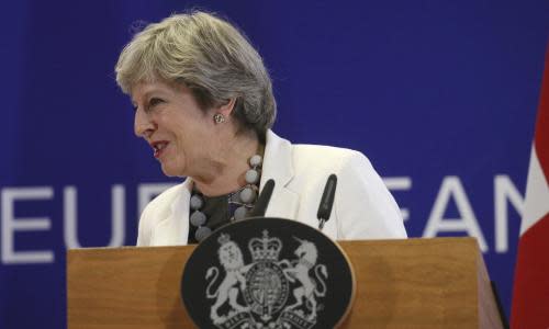 British Prime Minister Theresa May Theresa May speaks during a media conference at an EU summit in Brussels on Friday, Oct. 20, 2017. European Union leaders gathered Friday to weigh progress in negotiations on Britain's departure from their club as they look for new ways to speed up the painfully slow moving process. (AP Photo/Olivier Matthys)