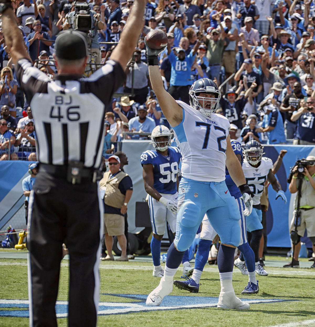 NBC Sports - Titans offensive lineman David Quessenberry missed three  seasons from 2014-2016 while battling cancer. TODAY, he caught a TOUCHDOWN  pass from Marcus Mariota! 