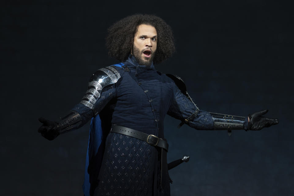This image released by Lincoln Center Theater shows Jordan Danica as Sir Lancelot in a scene from a Lincoln Center Theater revival of the classic musical “Camelot” in New York. (Joan Marcus/Lincoln Center Theater via AP)