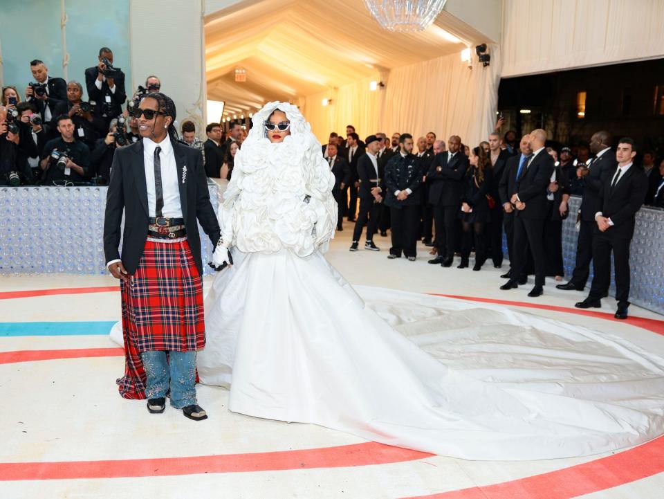 new york, new york may 01 a$ap rocky and rihanna attend the 2023 met gala celebrating karl lagerfeld a line of beauty at the metropolitan museum of art on may 01, 2023 in new york city photo by dimitrios kambourisgetty images for the met museumvogue