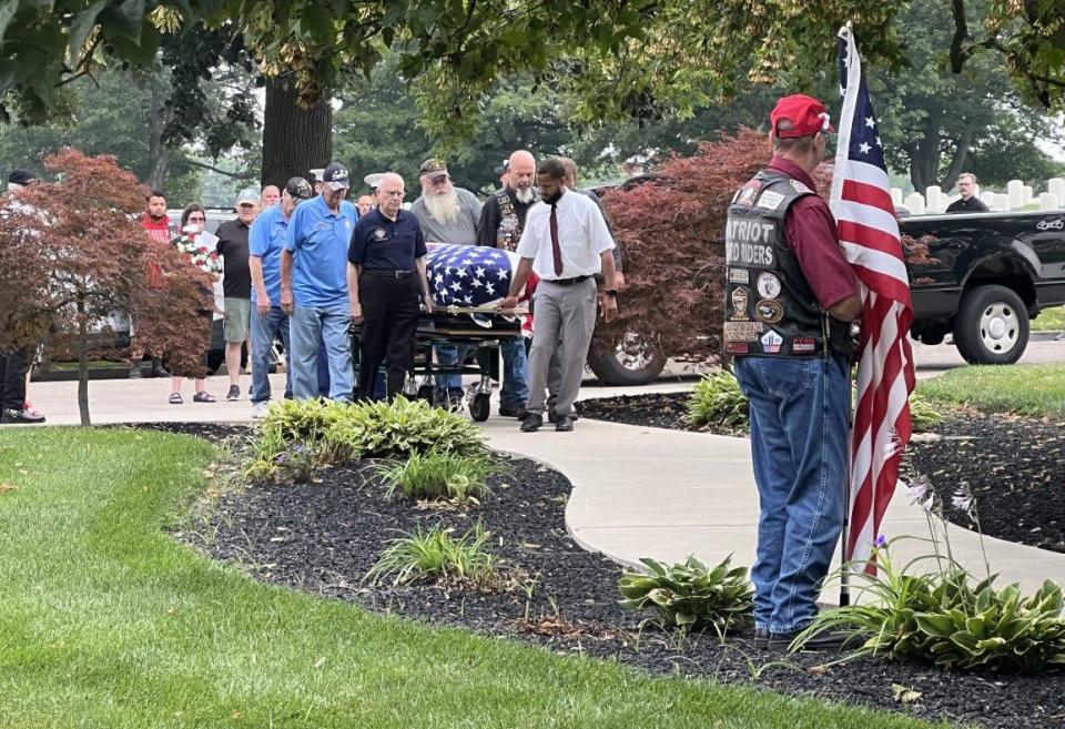 Dozens of people attended the funeral of local Marine veteran James Brooks at the Dayton National Cemetery Thursday. Brooks died at the Dayton VA recently, but had no known family members. (Xavier Hershovitz/Staff)