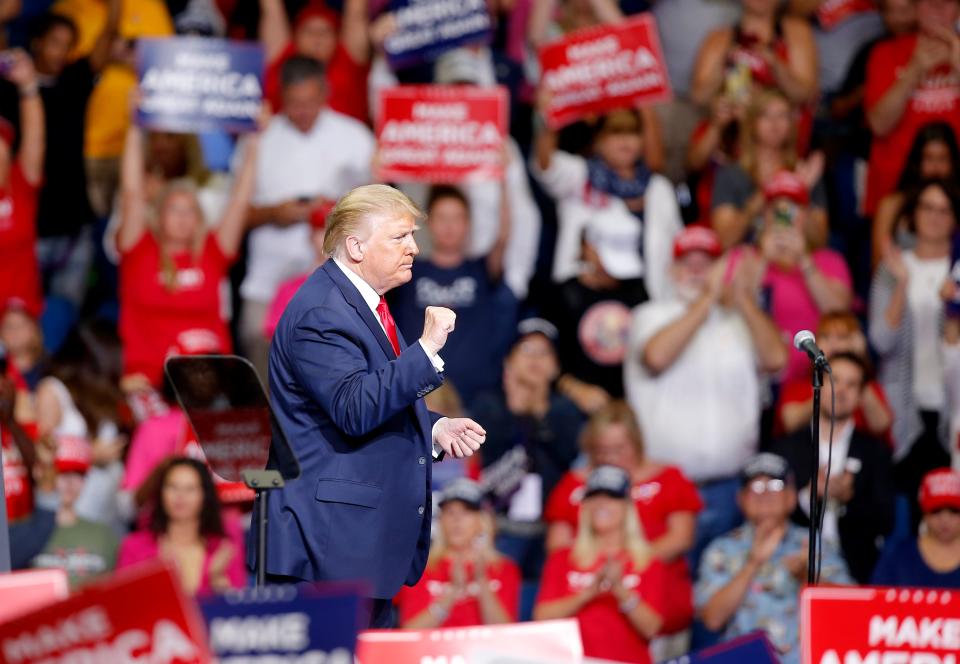 TULSA, OKLAHOMA USA JUNE 20, 2020: President Donald Trump reacts following his speech during a rally at the BOK Center in Tulsa, Okla., Saturday, June 20, 2020. [Sarah Phipps/The Oklahoman] (Via OlyDrop)