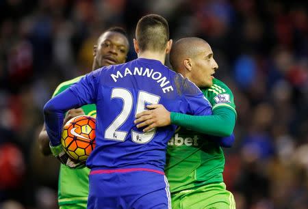 Football Soccer - Liverpool v Sunderland - Barclays Premier League - Anfield - 6/2/16 Sunderland's Vito Mannone celebrates with Wahbi Khazri and Lamine Kone after the game Action Images via Reuters / Carl Recine Livepic