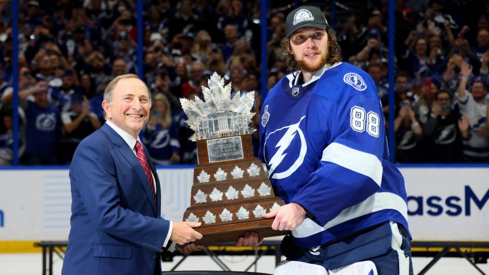 Tampa Bay Lightning goaltender Andrei Vasilevskiy was named the 2021 Conn Smythe Trophy winner, awarded to the postseason's most valuable player. (Bruce Bennett/Getty Images)