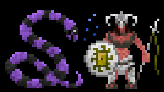  Path of Achra 1.0 update showing bone-armored myrmidon warrior and purple and black banded snake god Apophis. 