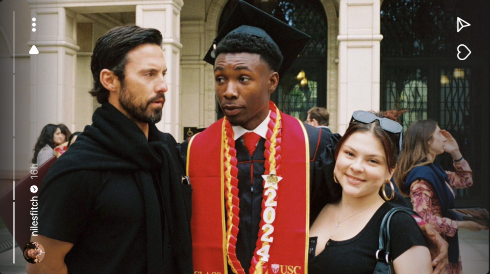 Milo Ventimiglia, Niles Fitch, and Hannah Zeile pose at Niles's graduation ceremony