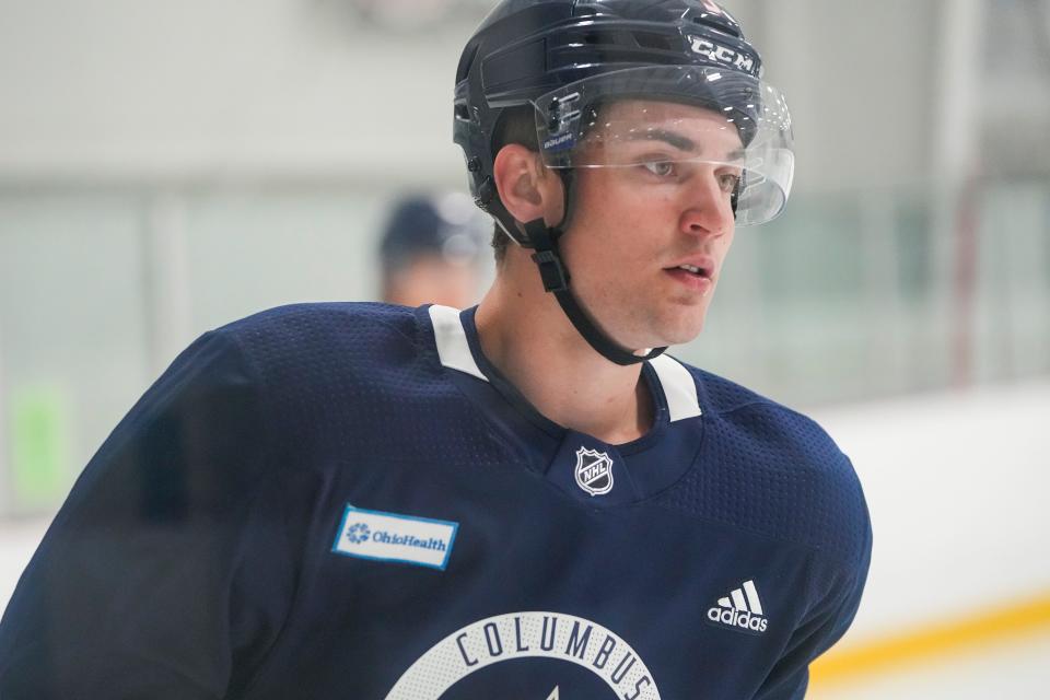 Jul. 12, 2022; Lewis Center, OH USA;  Columbus Blue Jackets defenseman Denton Mateychuk skates during development camp at the OhioHealth Chiller North in Lewis Center on July 12, 2022. Mandatory Credit: Adam Cairns-The Columbus Dispatch