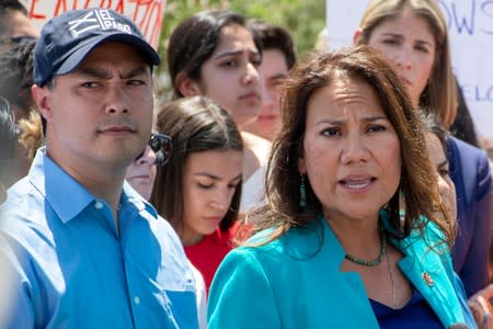 U.S. Rep Veronica Escobar speaks to the news media along with Rep. Castro and Rep. Ocasio-Cortez in Clint