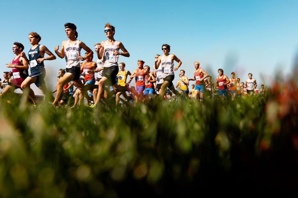 Action from the 2A boys cross-country state championship race at the Regional Athletic Complex in Rose Park on Tuesday, Oct. 24, 2023. | Megan Nielsen, Deseret News