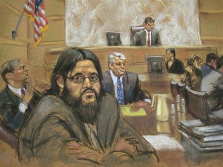 Adis Medunjanin is shown reacting to his guilty verdict in this courtroom sketch in Brooklyn federal court in New York, May 1, 2012. REUTERS/Jane Rosenberg