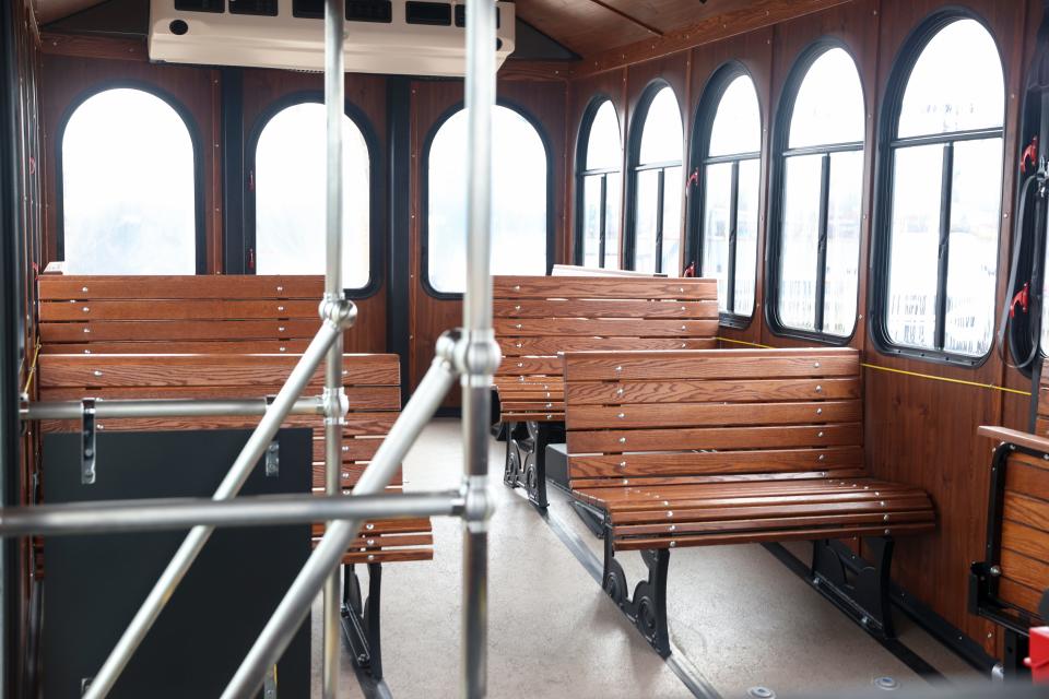 Inside one of the three Monmouth Independence trolleys scheduled to begin a two-year pilot of free service between the Polk County cities on Sunday. The initial schedule will have 140 one-way trips per day.