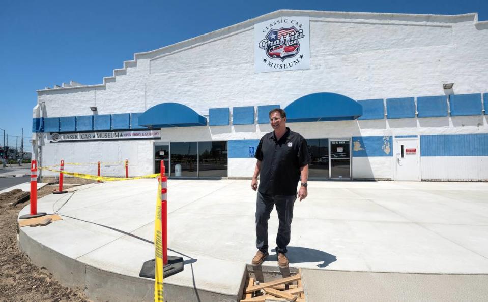 Board member Chris Murphy stands at the future lobby entrance of the Graffiti USA Museum in Modesto, Calif., Friday, May 17, 2024.