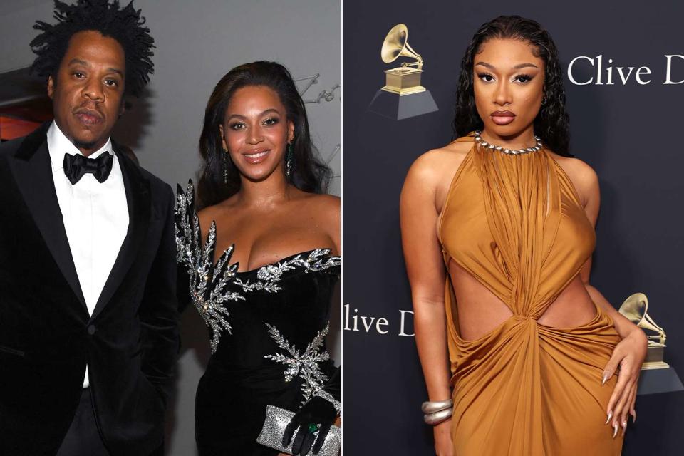 <p>Kevin Mazur/Getty; Amy Sussman/Getty</p> Jay-Z, Beyonce and Megan Thee Stallion