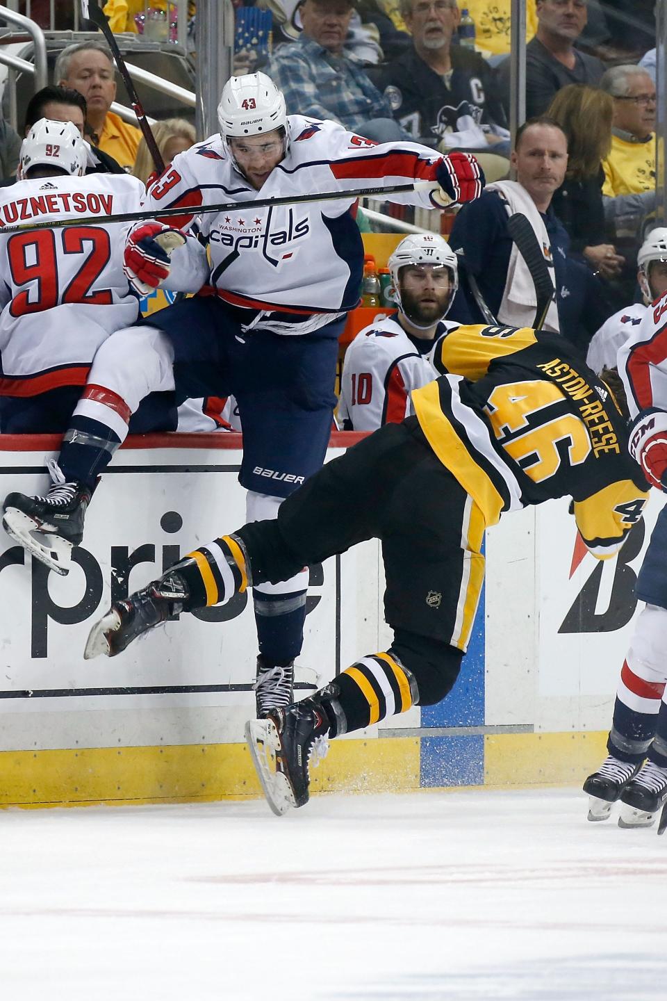 Tom Wilson earned a suspension for this hit on Zach Aston-Reese in May 2018.